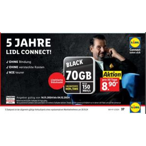 Lidl Connect Black Friday Tarif “Black” – 70GB Daten + unlimitierte SMS / Min für 8,90€