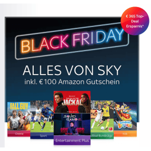 Sky Black Friday 2024 – Sky Komplettpaket inkl. 100 € Amazon Gutschein um 40 € statt 67 € pro Monat!